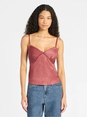 No Boundaries Womens Size Large 12-14 Woven Cami Top with Lace Trim & Bow Ginger